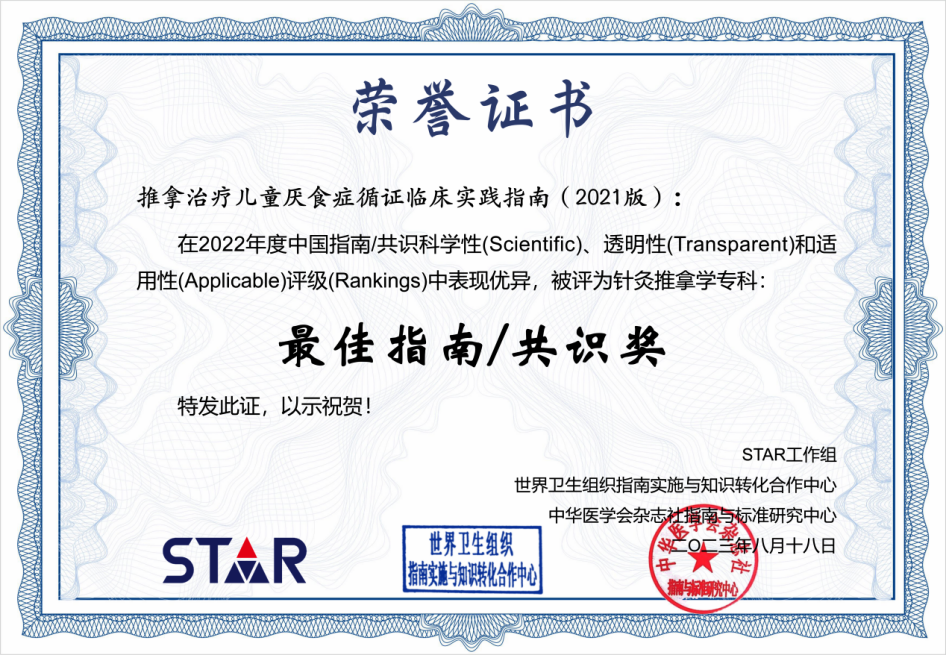 暗网
制订小儿推拿循证指南荣获“STAR最佳指南/共识奖”